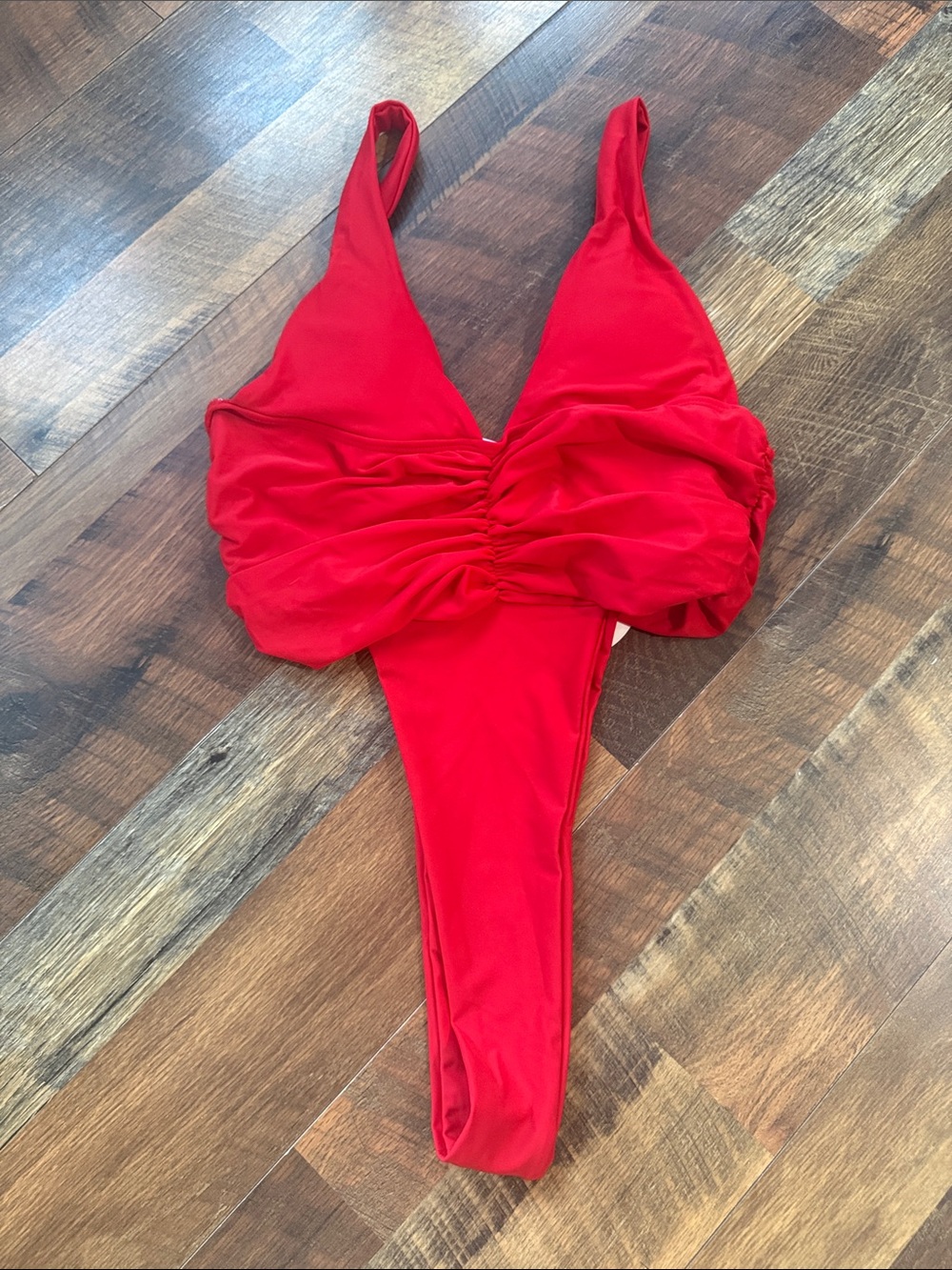 NWT Miss Circle Red Ruched Plunge Halter One Piece Swimsuit Size Large